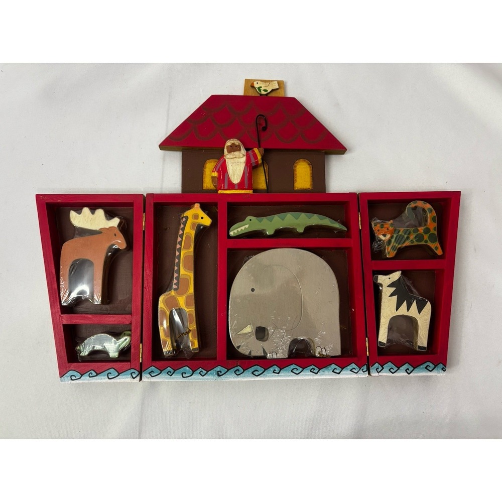 New! Vintage WOODEN Noah & Ark‎ w/7 Pairs Animals Primitive FOLK ART Handpainted